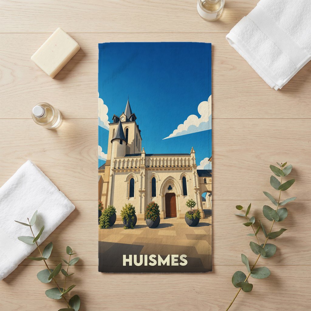 Serviette de bain souvenir de la ville de Huismes avec une illustration stylisée de son église.