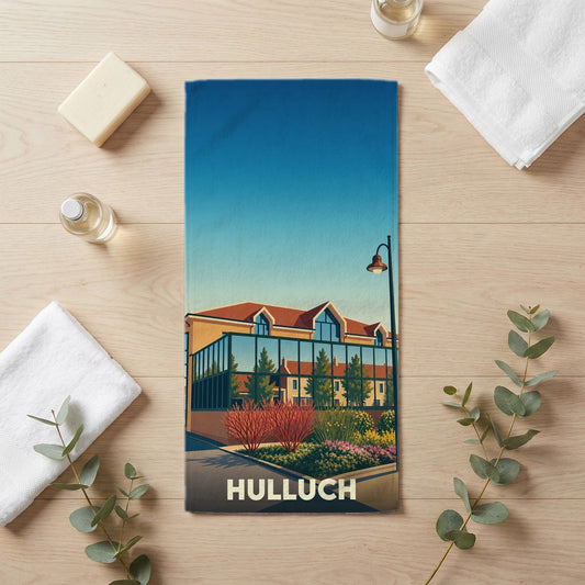 Serviette de bain souvenir de la ville de Hulluch avec une illustration stylisée.
