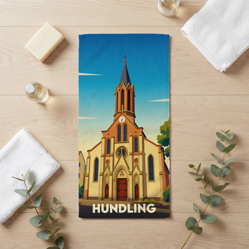 Serviette de bain souvenir de la ville de Hundling avec une illustration stylisée de son église.