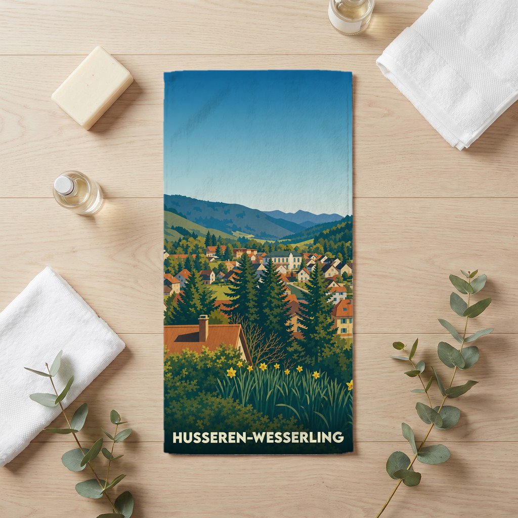 Serviette de bain souvenir de Husseren-Wesserling illustrée d'un paysage montagneux et de maisons colorées.