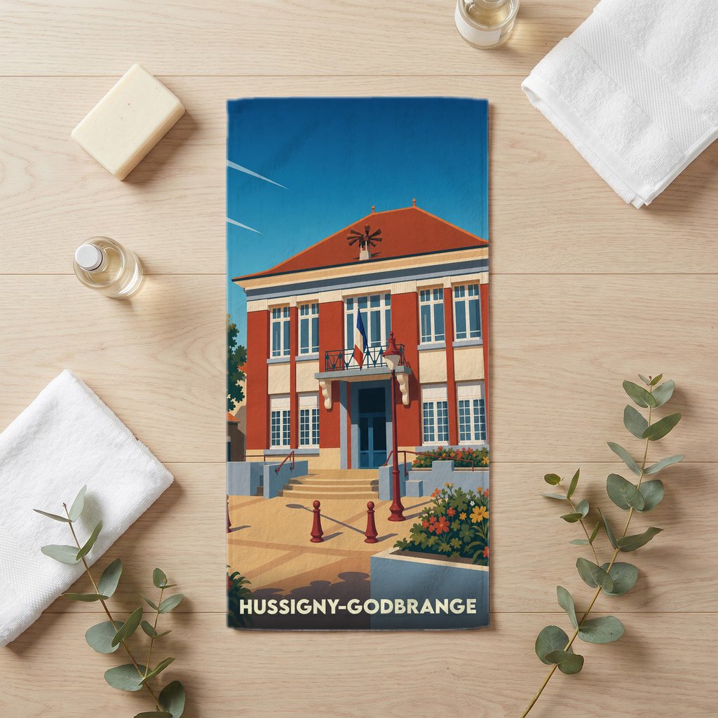 Serviette de bain souvenir de la ville de Hussigny-Godbrange avec une illustration stylisée de sa mairie.