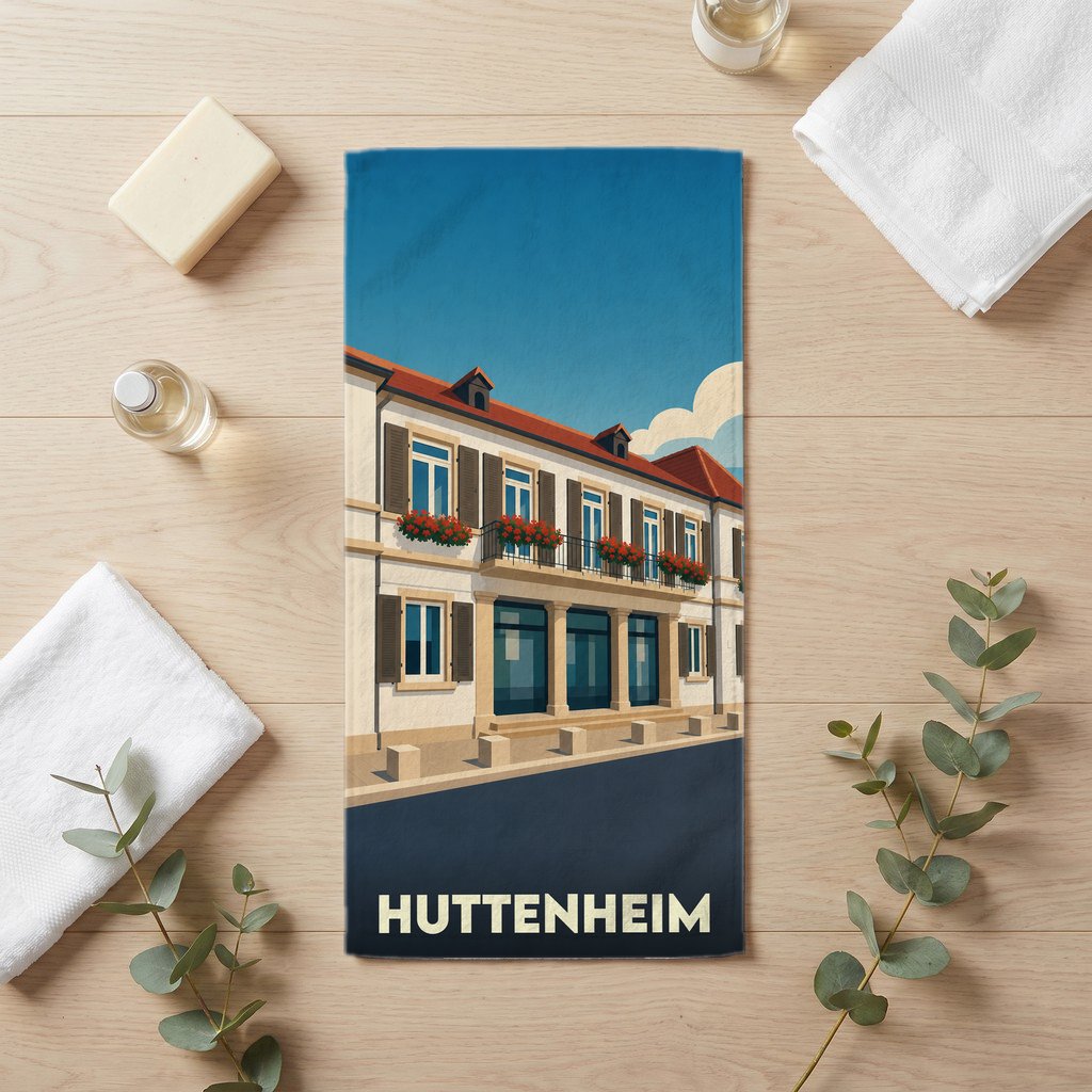 Serviette de bain souvenir de la ville de Huttenheim avec une illustration stylisée d'un bâtiment à colombages.