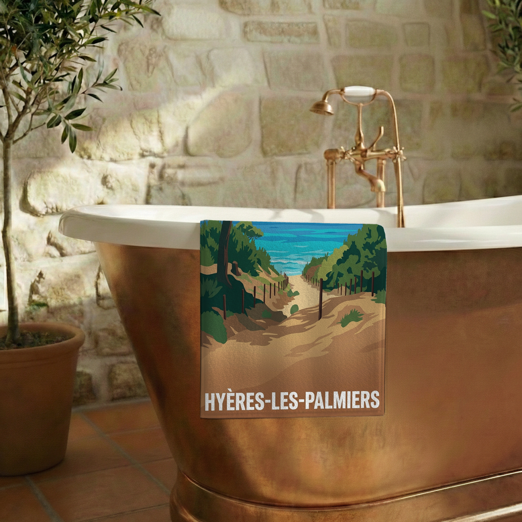 Serviette de bain souvenir de la ville de Hyères-les-Palmiers avec une illustration stylisée.