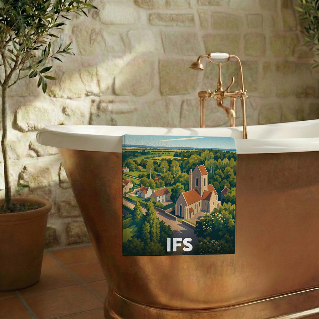 Serviette de bain souvenir de la ville d'Ifs avec une illustration stylisée de son église et de son paysage.