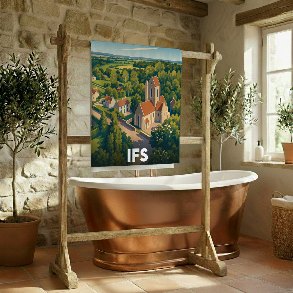 Serviette de bain souvenir de la ville d'Ifs avec une illustration stylisée de son église et de ses paysages.