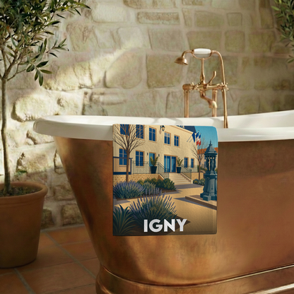 Serviette de bain souvenir de la ville d'Igny avec une illustration stylisée.