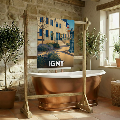Serviette de bain souvenir de la ville d'Igny avec une illustration stylisée.