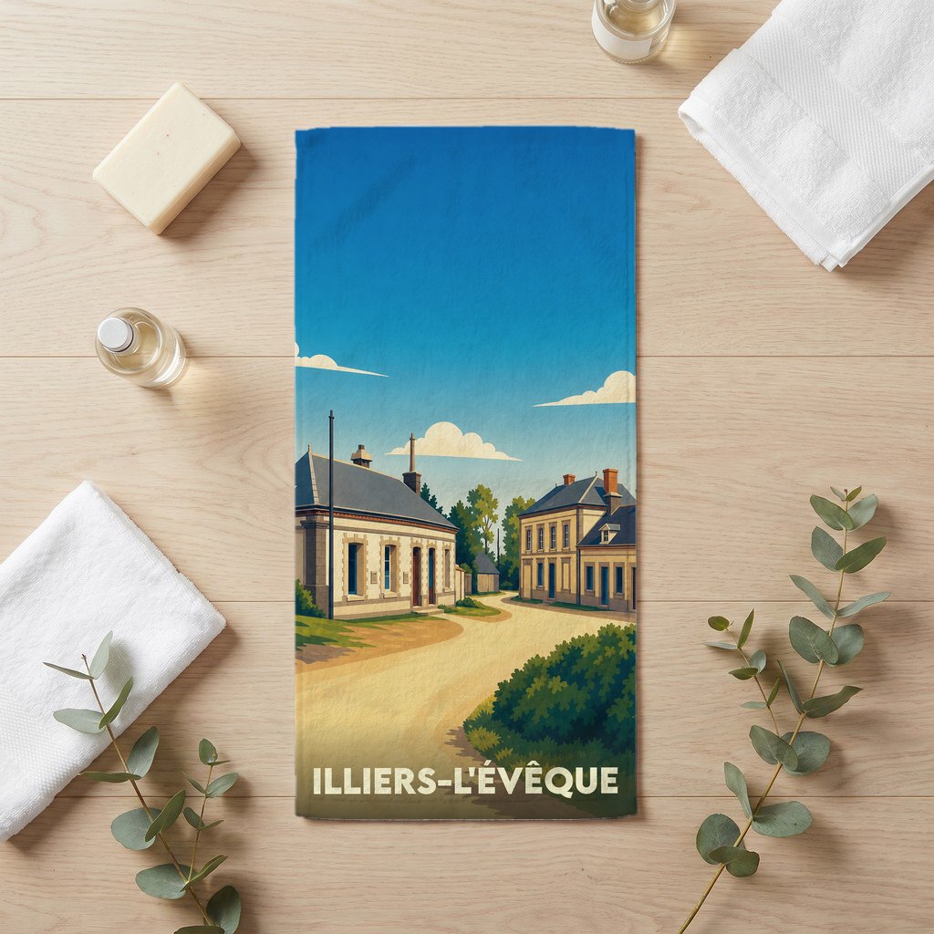 Serviette de bain souvenir de la ville de Illiers-l'Évêque avec une illustration stylisée d'un paysage urbain.