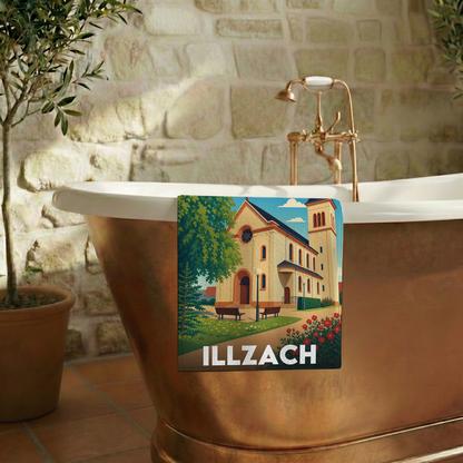 Serviette de bain souvenir de la ville de Illzach avec une illustration stylisée.