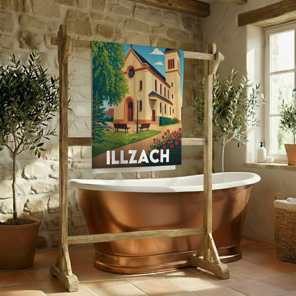Serviette de bain souvenir de la ville d'Illzach avec une illustration stylisée.