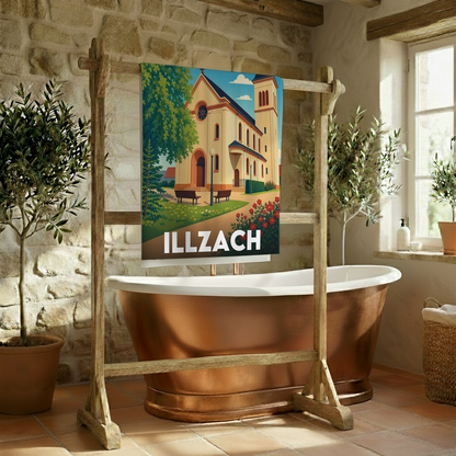 Serviette de bain souvenir de la ville d'Illzach avec une illustration stylisée.