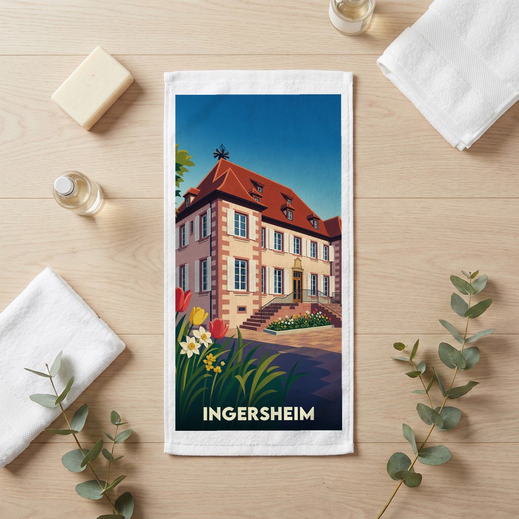 Serviette de bain souvenir de la ville de Ingersheim avec une illustration stylisée.