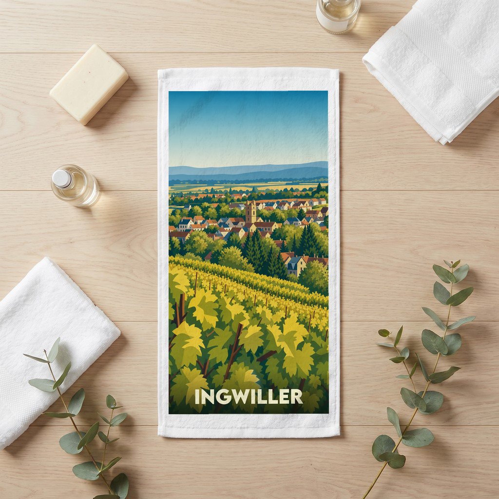 Serviette de bain souvenir de la ville d'Ingwiller avec une illustration stylisée de son paysage et de ses vignobles.