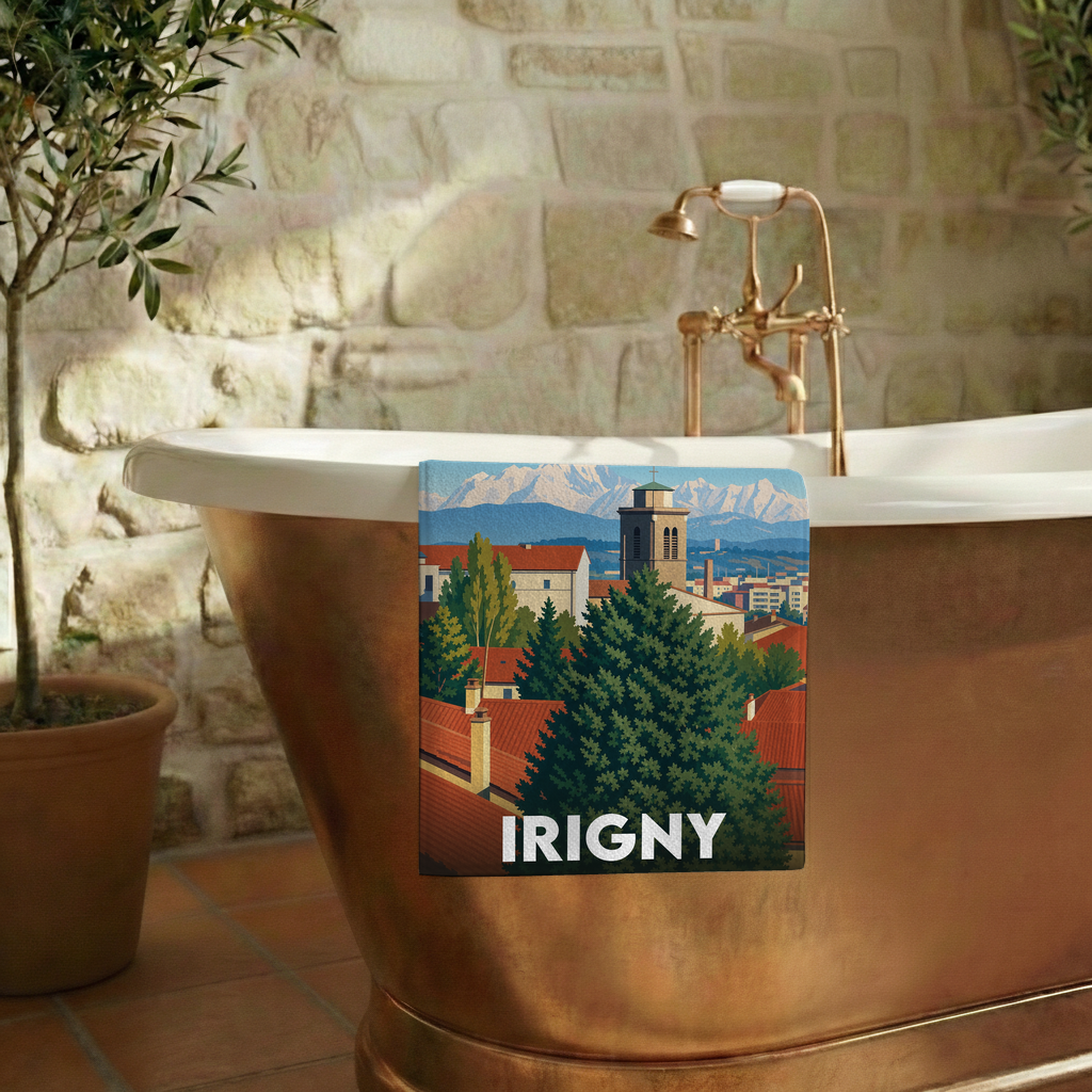 Serviette de bain souvenir de la ville d'Irigny avec une illustration stylisée.