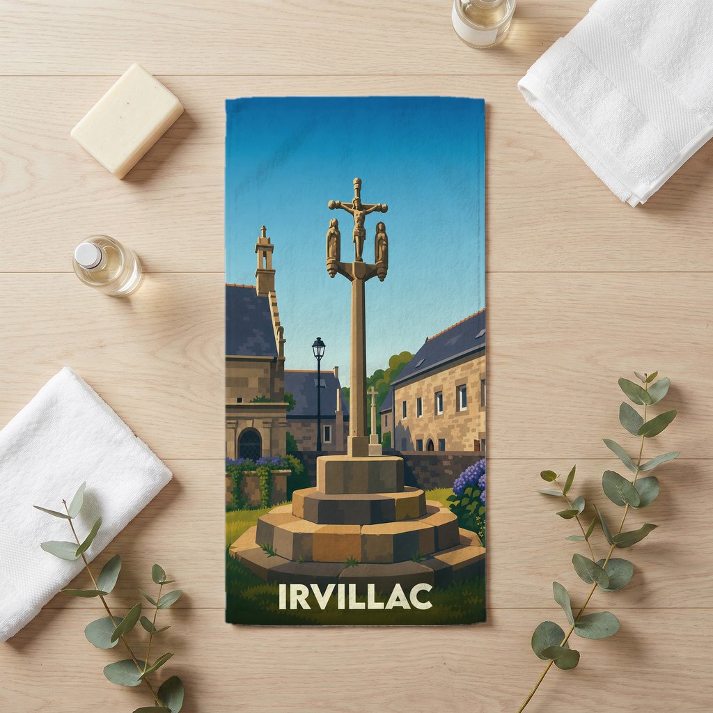 Serviette de bain souvenir de la ville d'Irvillac avec une illustration stylisée de son calvaire.