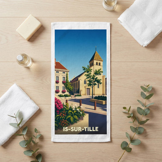 Serviette de bain souvenir de la ville de Is-sur-Tille avec une illustration stylisée.