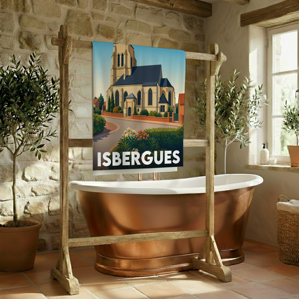 Serviette de bain souvenir de la ville d'Isbergues avec une illustration stylisée de son église.