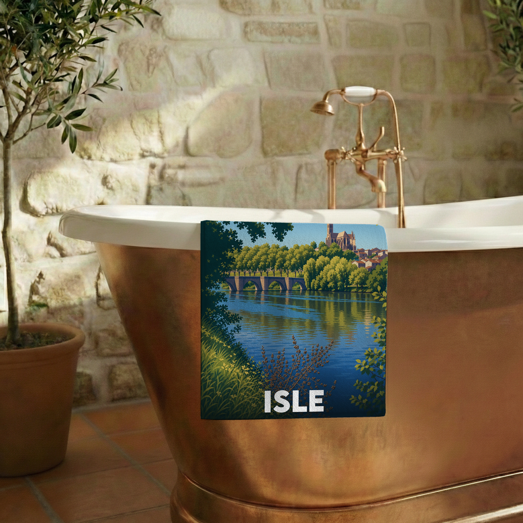Serviette de bain souvenir de la ville de Isle avec une illustration stylisée.