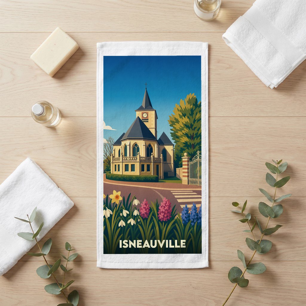 Serviette de bain souvenir de la ville d'Isneauville avec une illustration stylisée de son église et de fleurs colorées.