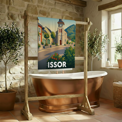 Serviette de bain souvenir de la ville d'Issor avec une illustration stylisée.