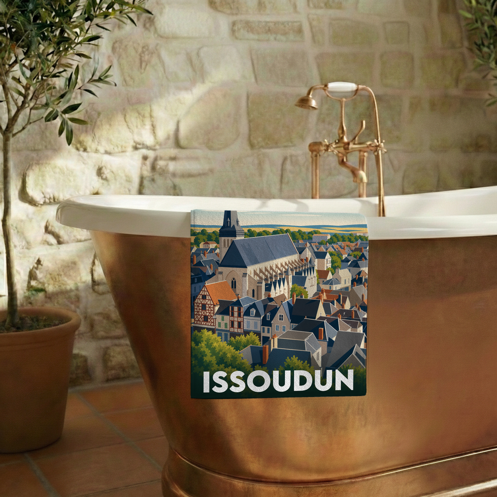Serviette de bain souvenir de la ville d'Issoudun avec une illustration stylisée.