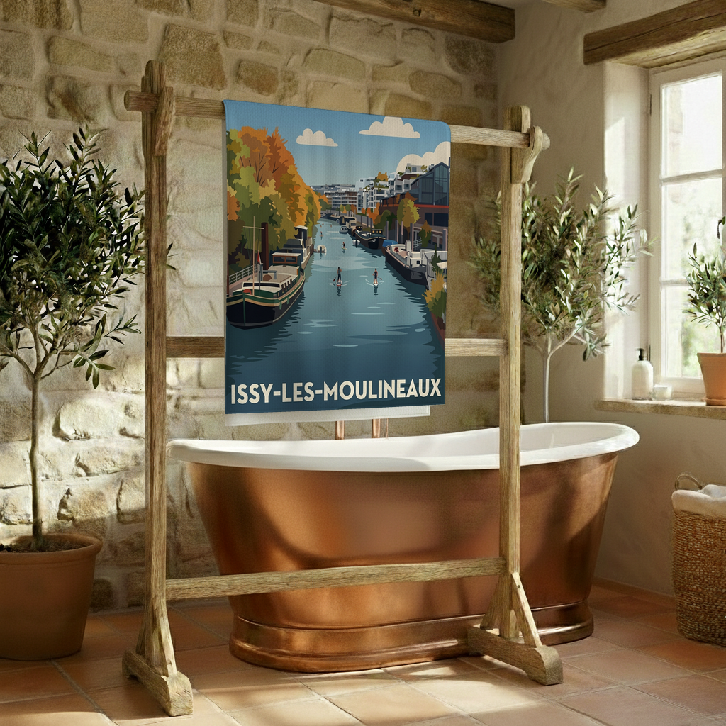 Serviette de bain souvenir de la ville d'Issy-les-Moulineaux avec une illustration stylisée.