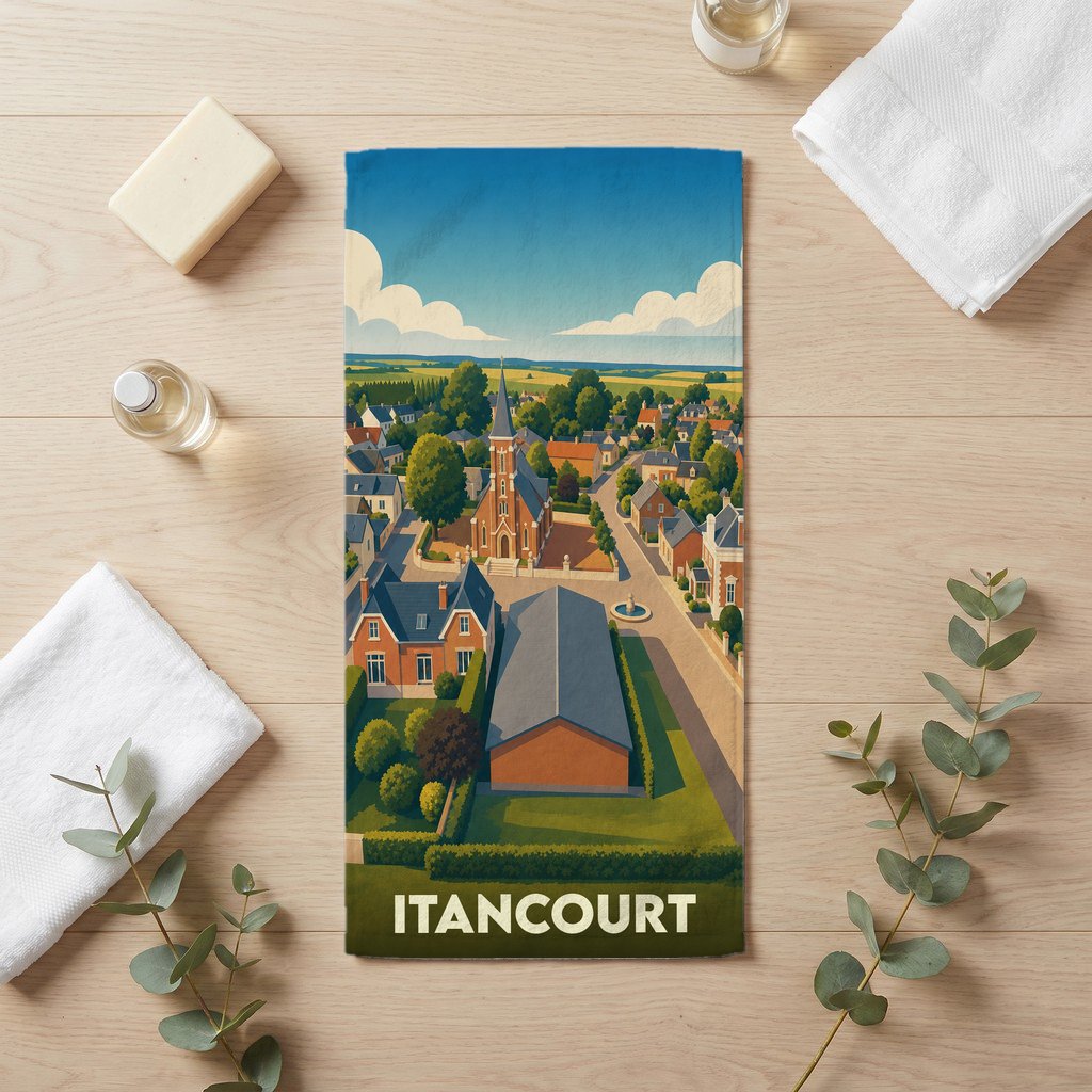 Serviette de bain souvenir de la ville d'Itancourt avec une illustration stylisée.