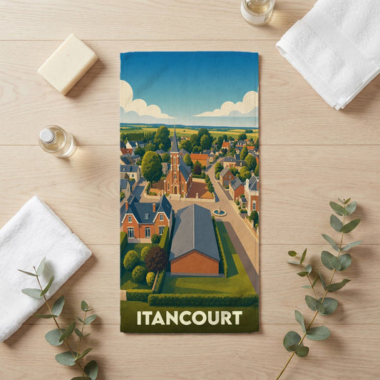 Serviette de bain souvenir de la ville d'Itancourt avec une illustration stylisée.