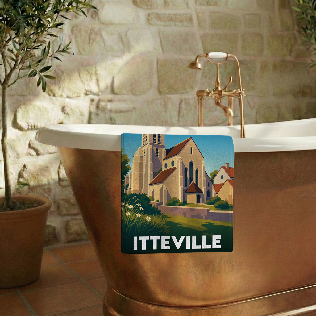 Serviette de bain souvenir de la ville d'Itteville avec une illustration stylisée de son église.