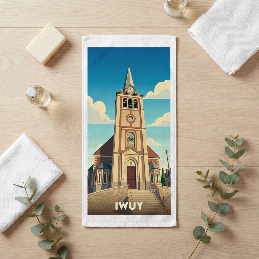Serviette de bain souvenir de la ville d'Iwuy avec une illustration stylisée de son église.