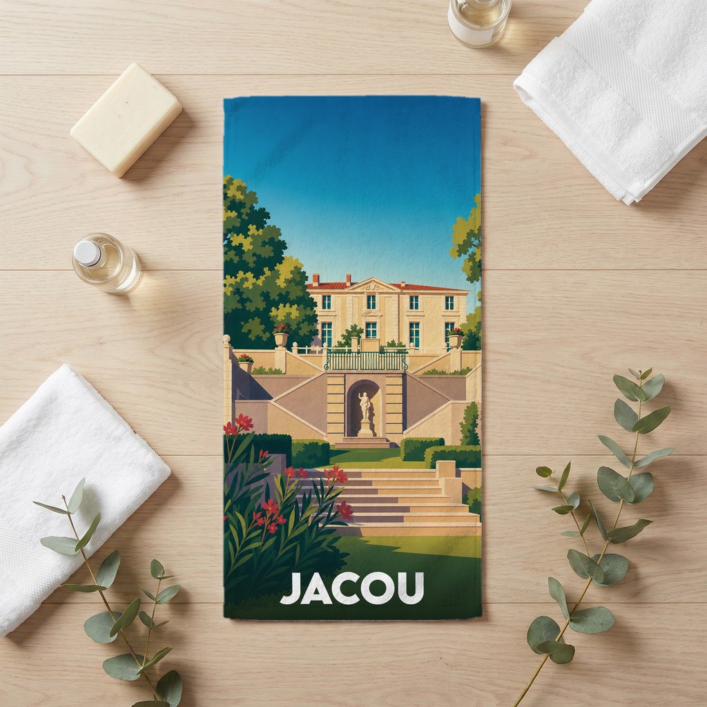 Serviette de bain souvenir de la ville de Jacou avec une illustration stylisée d'un château et de ses jardins.