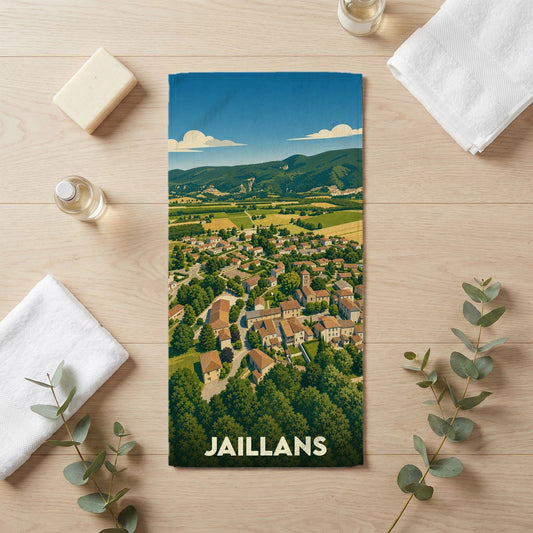 Serviette de bain souvenir de la ville de Jaillans avec une illustration stylisée d'un paysage provençal.