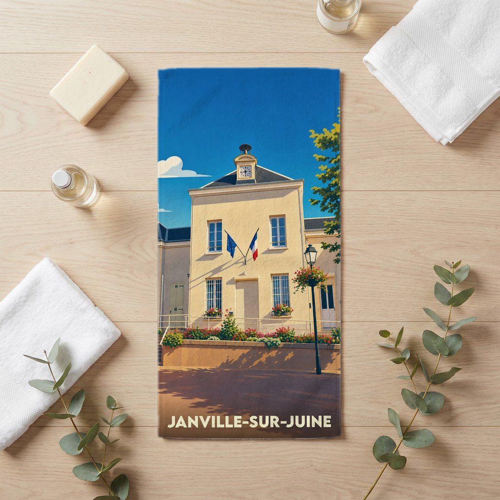 Serviette de bain souvenir de la ville de Janville-sur-Juine avec une illustration stylisée de la mairie.
