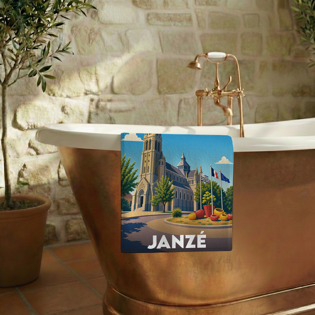 Serviette de bain souvenir de la ville de Janzé avec une illustration stylisée de son église et de drapeaux.
