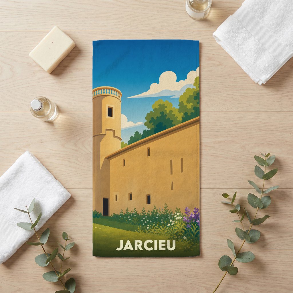 Serviette de bain souvenir de la ville de Jarcieu avec une illustration stylisée d'un château.