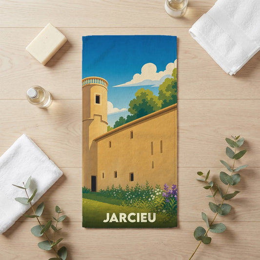 Serviette de bain souvenir de la ville de Jarcieu avec une illustration stylisée d'un château.