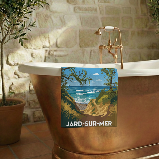 Serviette de bain souvenir de la ville de Jard-sur-Mer avec une illustration stylisée.