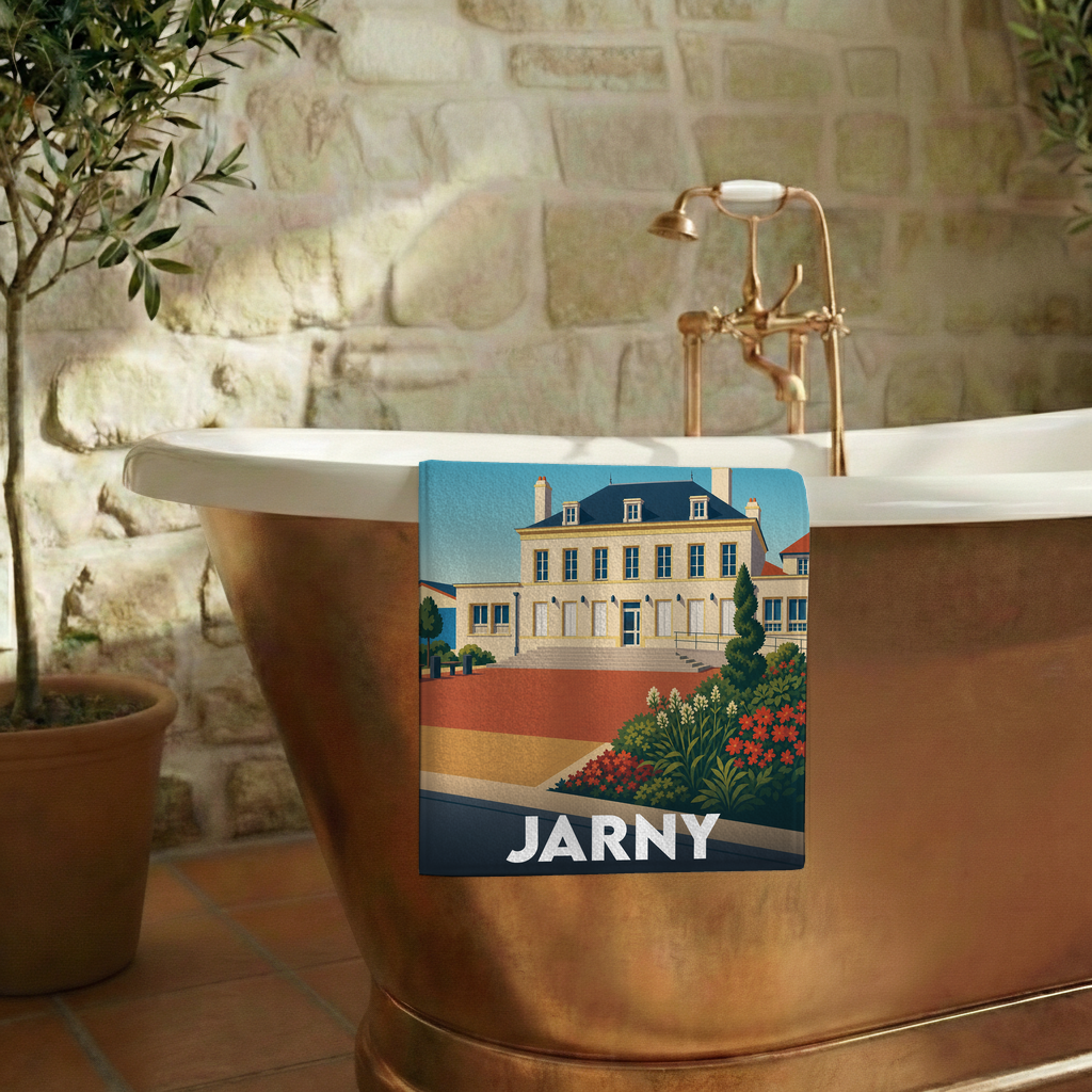 Serviette de bain souvenir de la ville de Jarny avec une illustration stylisée d'un bâtiment historique.