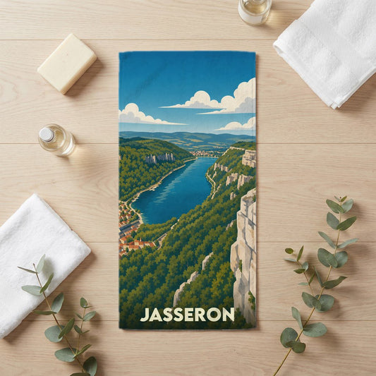 Serviette de bain souvenir de la ville de Jasseron illustrée d'un paysage de lac et de montagnes.