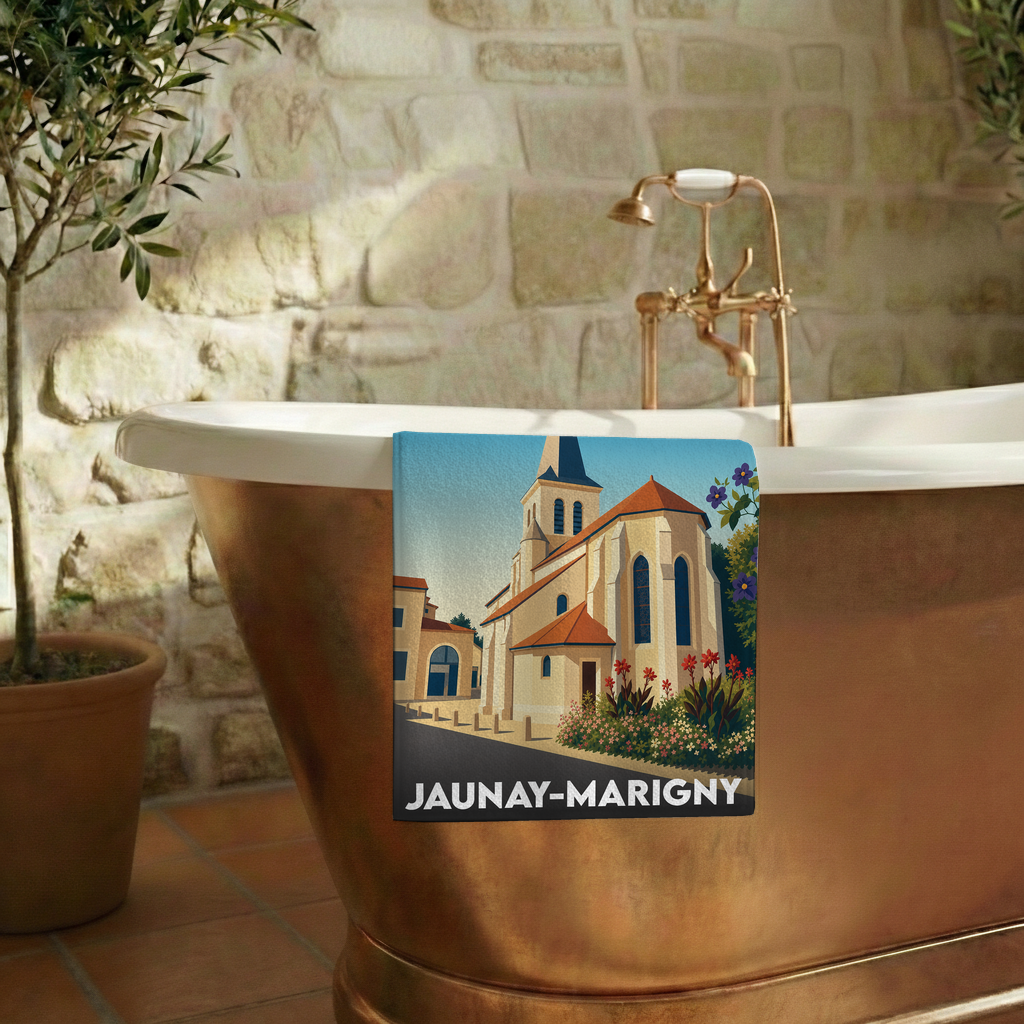 Serviette de bain souvenir de Jaunay-Marigny avec une illustration stylisée de son église.