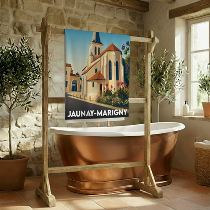 Serviette de bain souvenir de la ville de Jaunay-Marigny avec une illustration stylisée de son église.