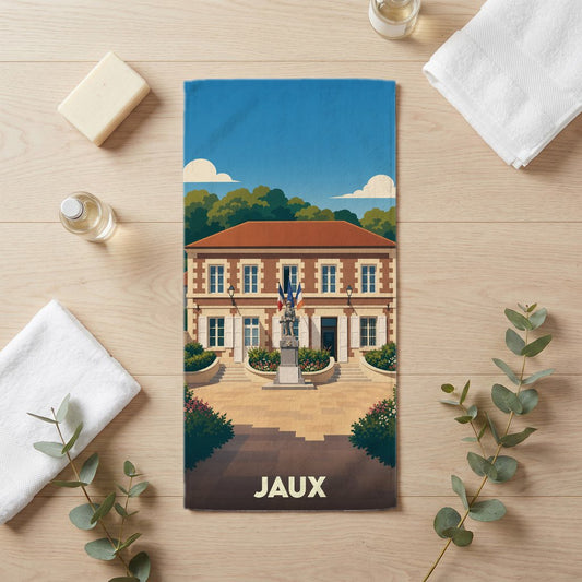 Serviette de bain souvenir de la ville de Jaux avec une illustration stylisée de sa mairie.