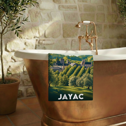 Serviette de bain souvenir de la ville de Jayac avec une illustration stylisée.