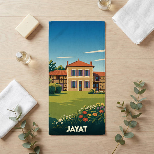 Serviette de bain souvenir de la ville de Jayat avec une illustration stylisée d'une maison traditionnelle.