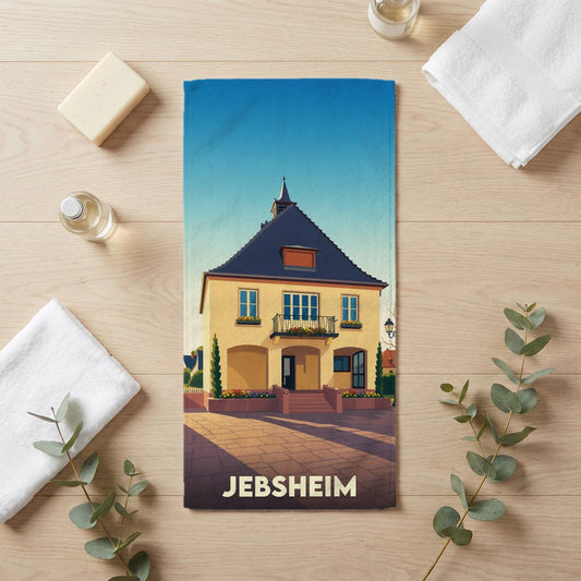 Serviette de bain souvenir de la ville de Jebsheim avec une illustration stylisée de son architecture locale.