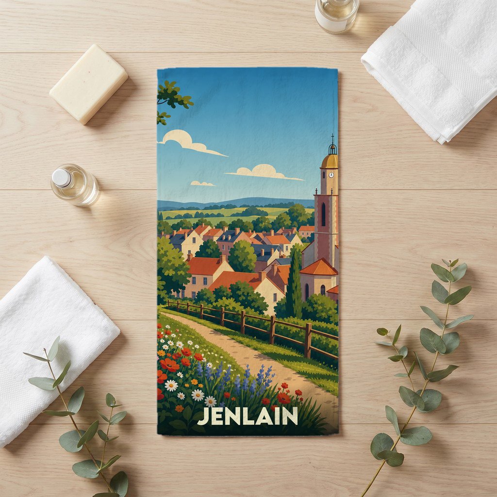 Serviette de bain souvenir de la ville de Jenlain avec une illustration stylisée.
