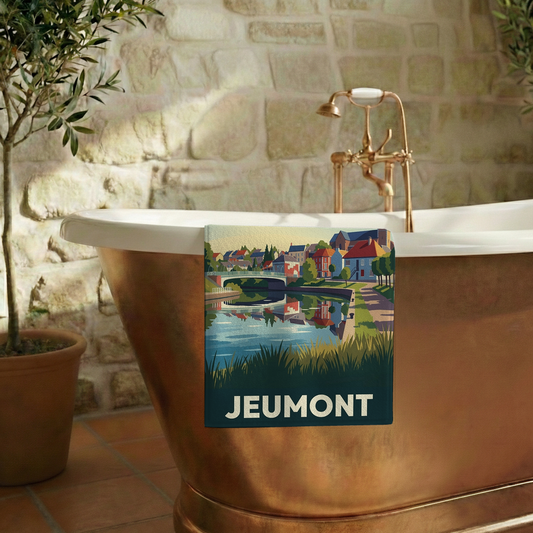Serviette de bain souvenir de la ville de Jeumont avec une illustration stylisée.