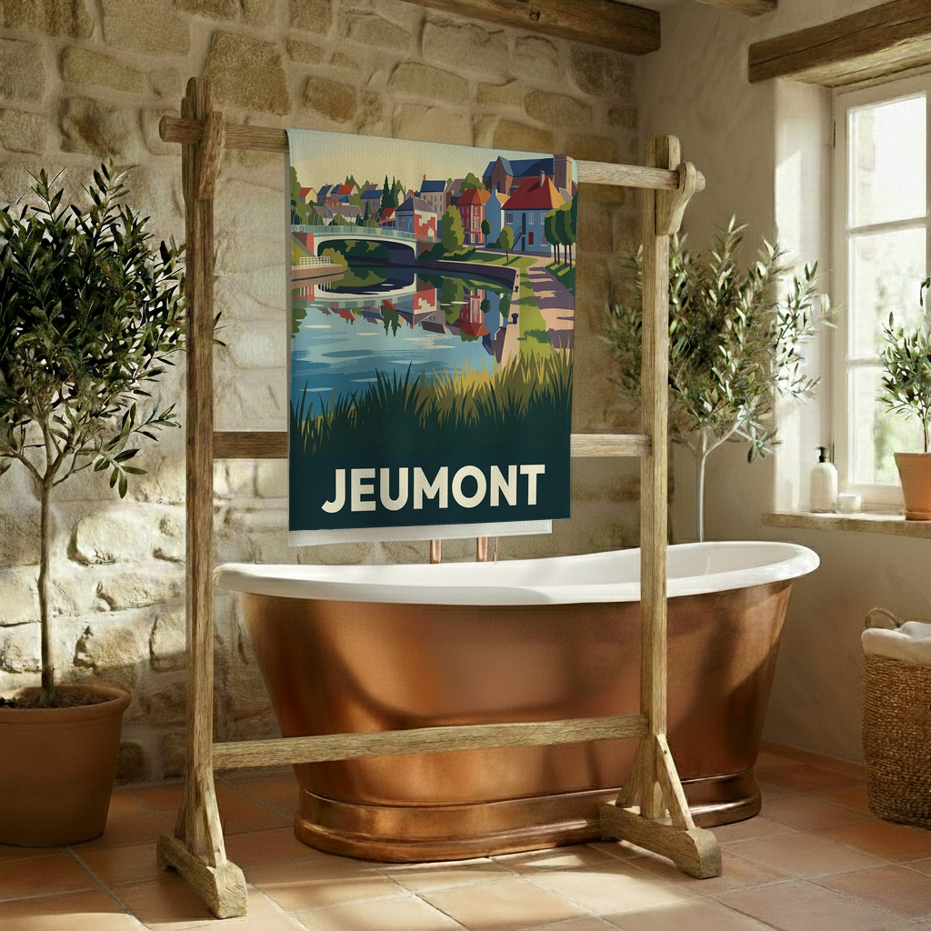 Serviette de bain souvenir de la ville de Jeumont avec une illustration stylisée.