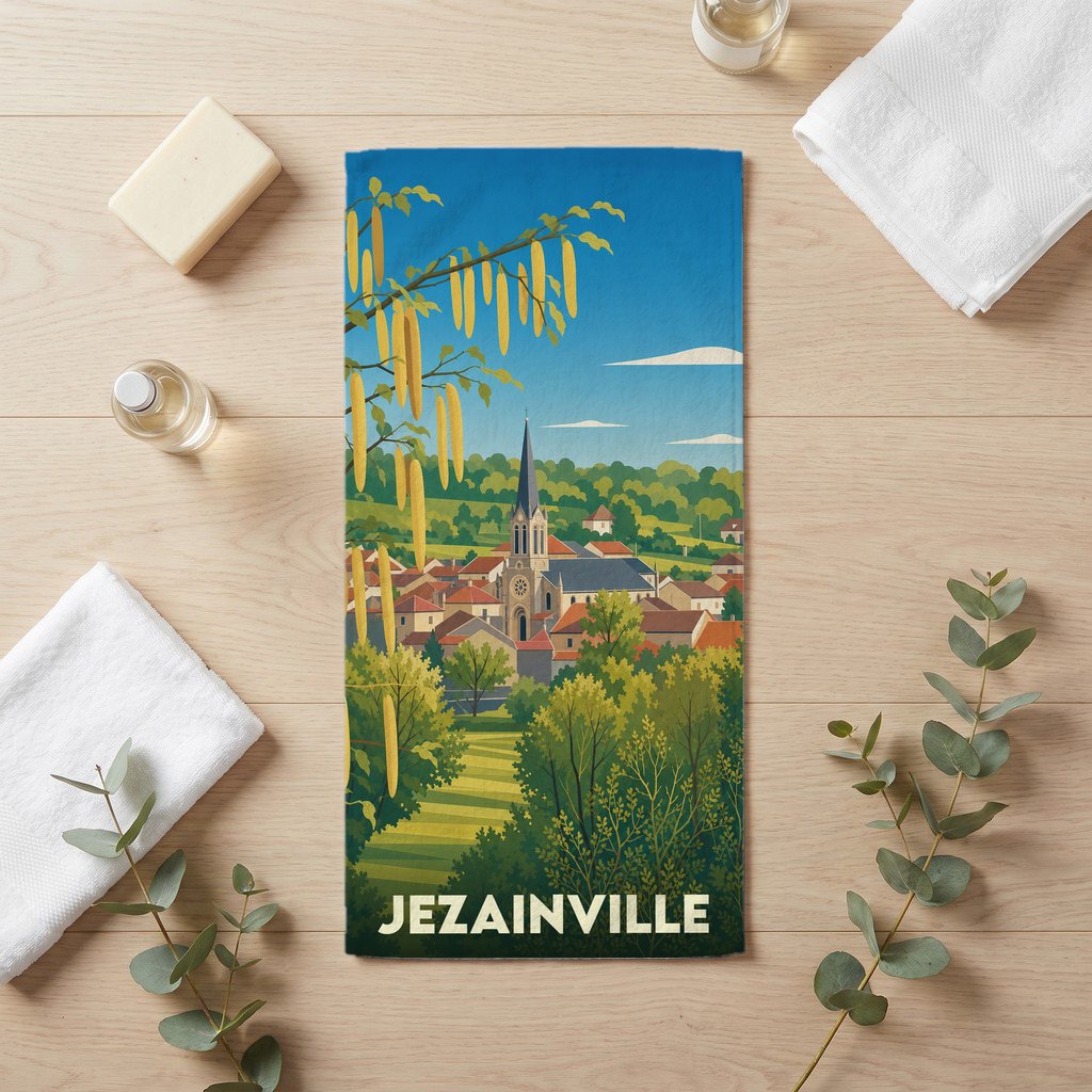 Serviette de bain souvenir de la ville de Jezainville avec une illustration stylisée.