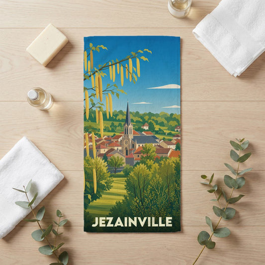 Serviette de bain souvenir de la ville de Jezainville avec une illustration stylisée.